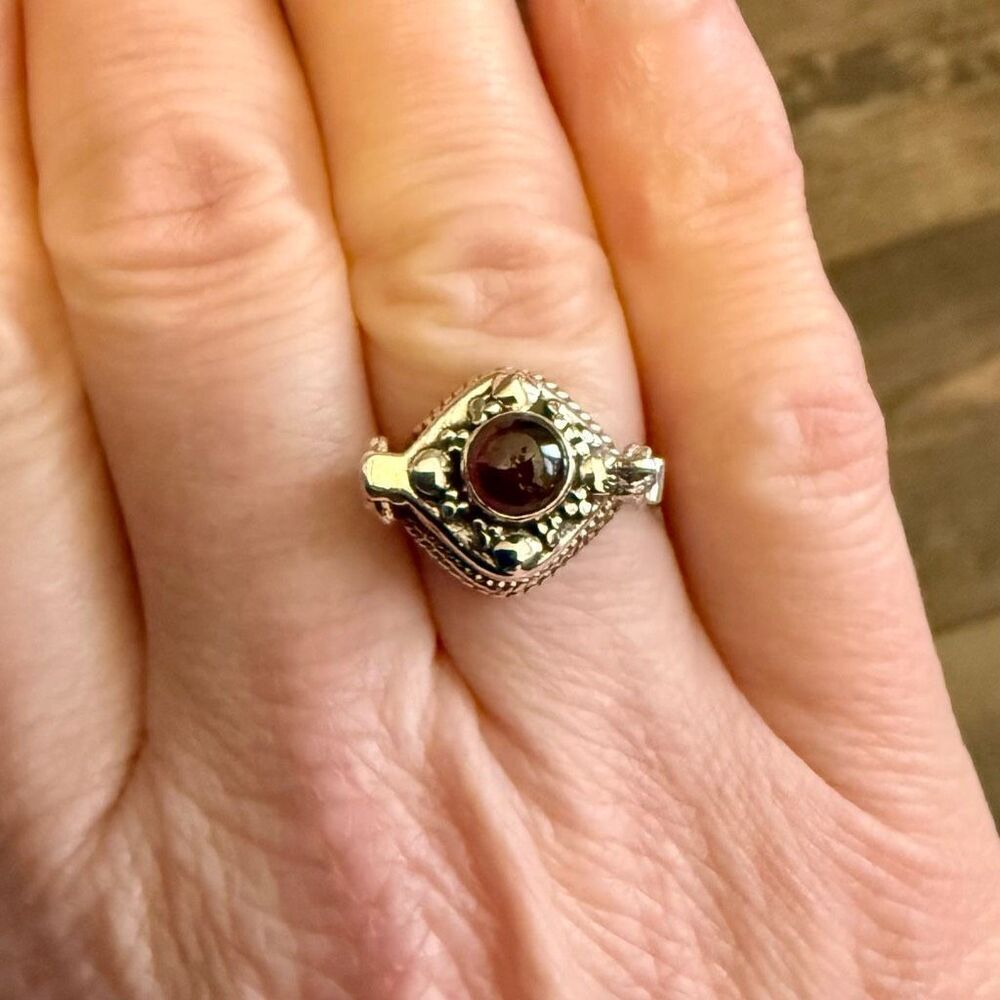 Round Cut Red Garnet Gemstone Poison Locket Box Ring Boho Sterling Silver New